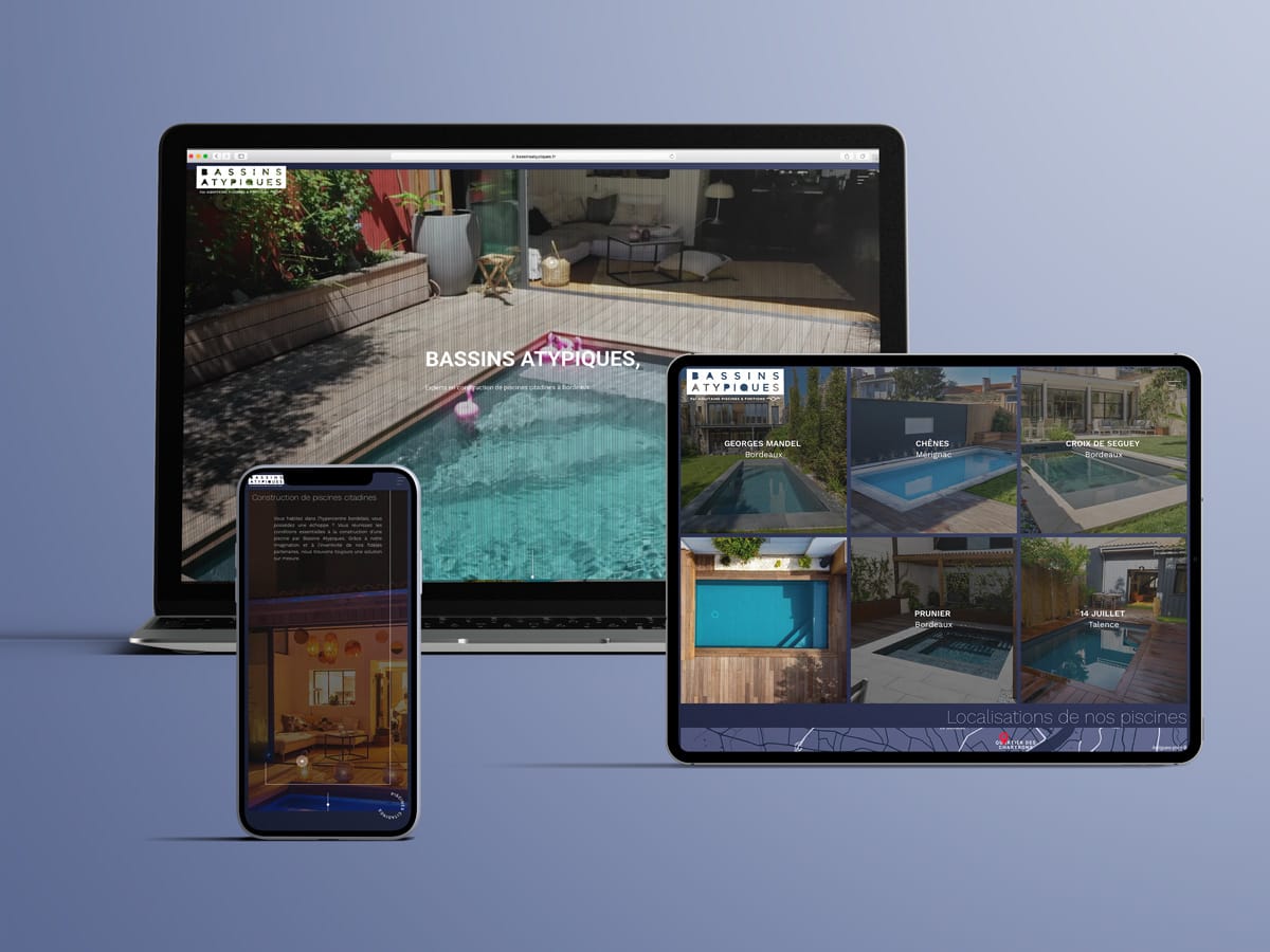 Présentation responsive du site web d'un constructeur de piscines sur ordinateur, smartphone et tablette