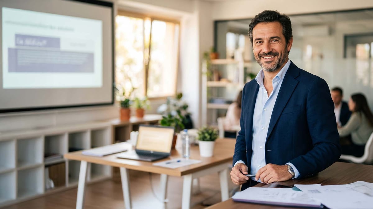 Consultant souriant en costume dans un bureau avec écran de présentation
